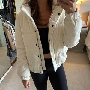 DKNY White Velour Puffer Coat, Size Medium
